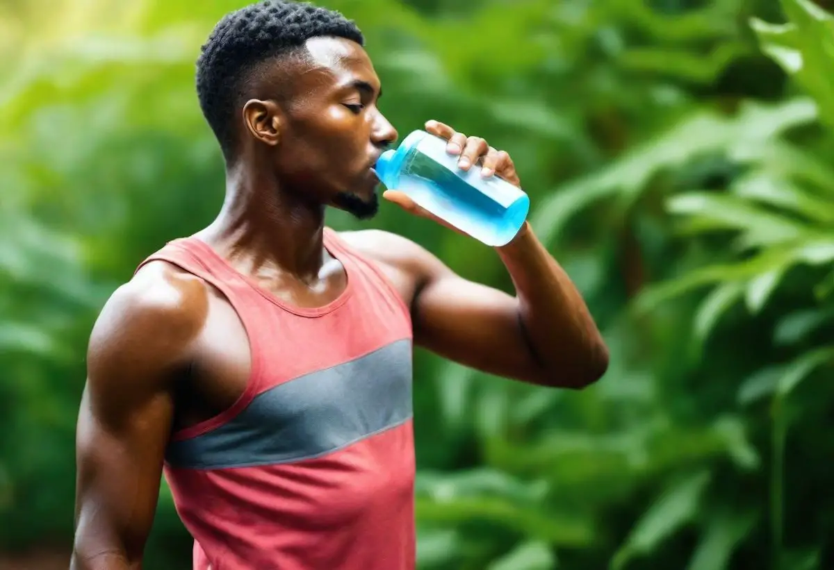 A man outside who is sweating and hydrating with a bottle of water.