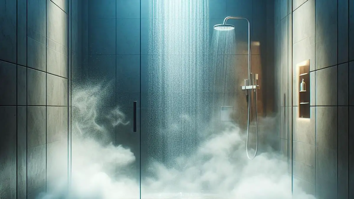 A steaming shower with water coming out of the shower head on the wall, and from the shower head on the ceiling.