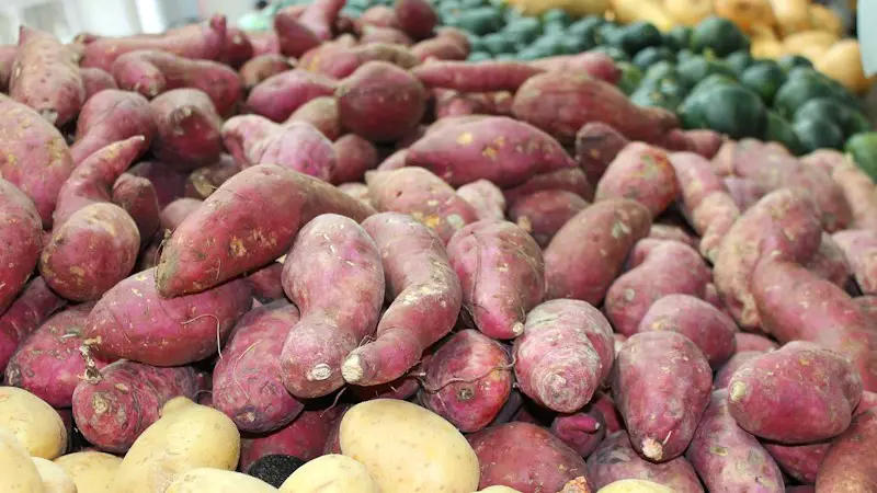 A large display of sweet potatoes, or yams at a market.