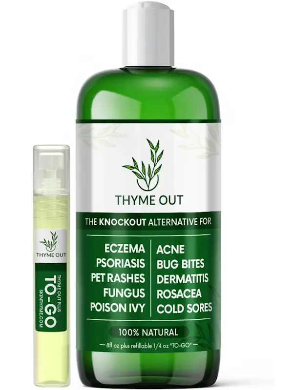 A bottle of Thyme Out® skin solution used for eczema, psoriasis, pet rashes, fungus, poison ivy, acne, bug bites, dermatitis, rosacea, and cold sores.