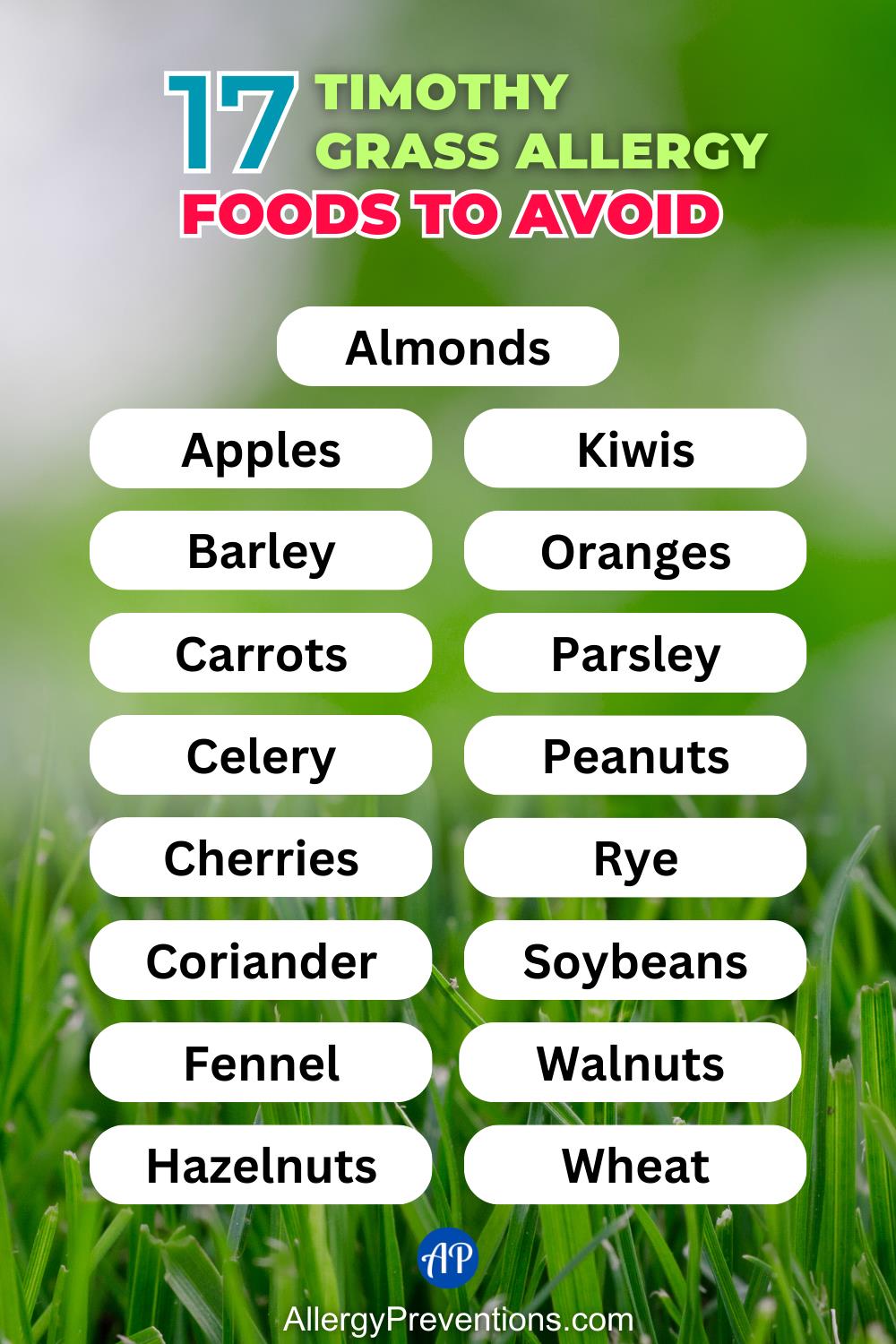 Timothy grass allergy foods to avoid infographic list. These foods may need to be avoided if you suffer from timothy grass allergies: Almonds, apples, barley, carrots, celery, cherries, coriander, fennel, hazelnuts, kiwis, oranges, parsley, peanuts, rye, soybeans, walnuts, and wheat.
