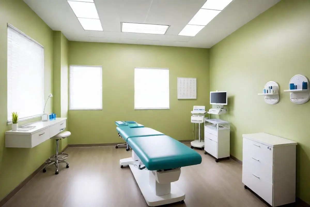 A medical treatment room with medical equipment.