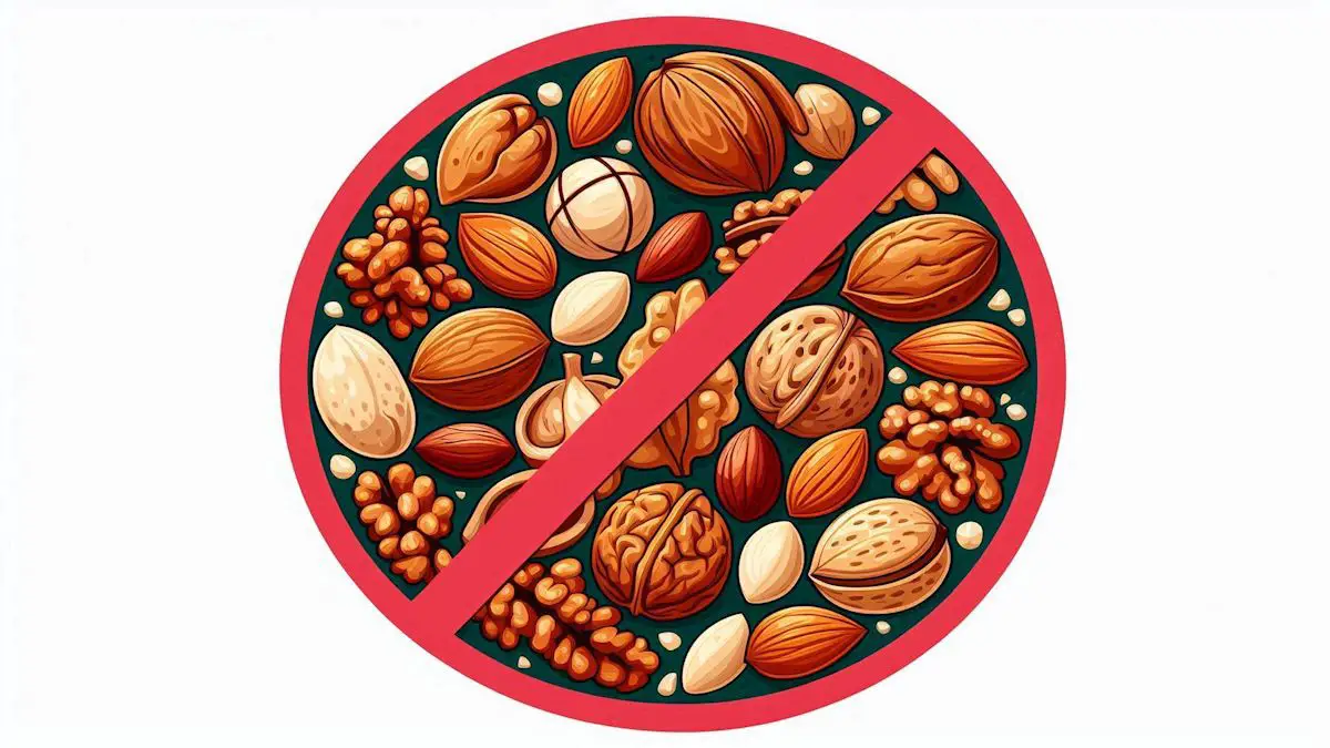 A display of tree nuts that is crossed out, signifying to avoid tree nuts.