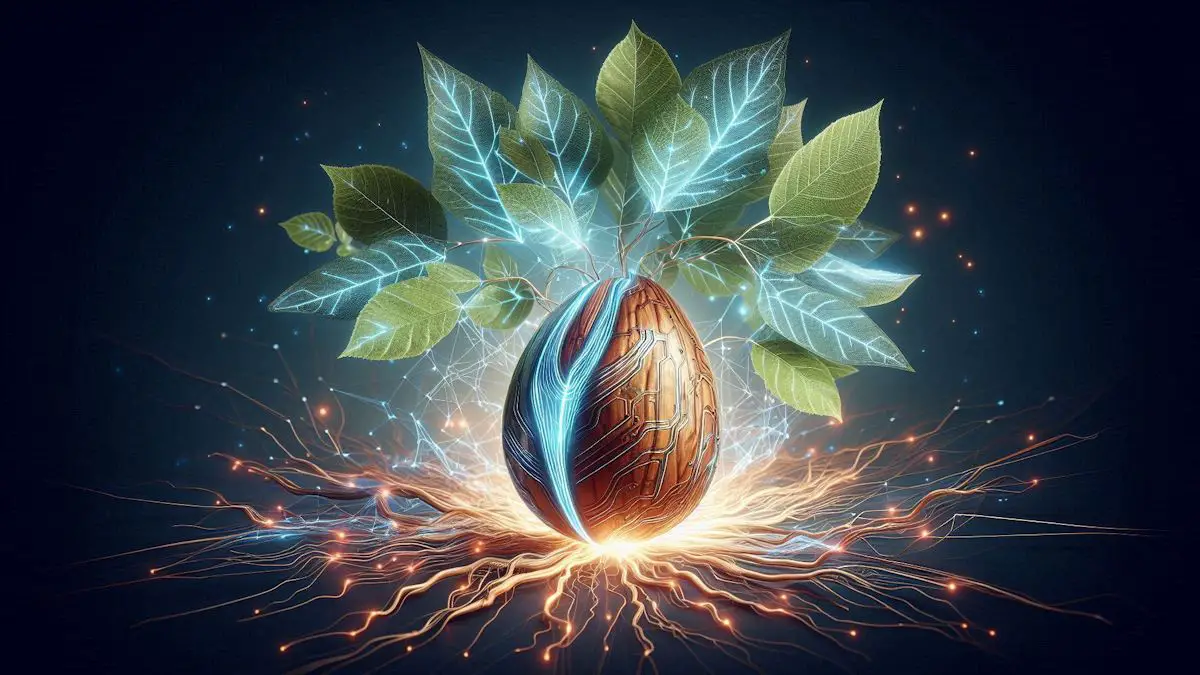 A futuristic image of a tree nut that is sprouting. An artistic rendition of futuristic tree nut art.