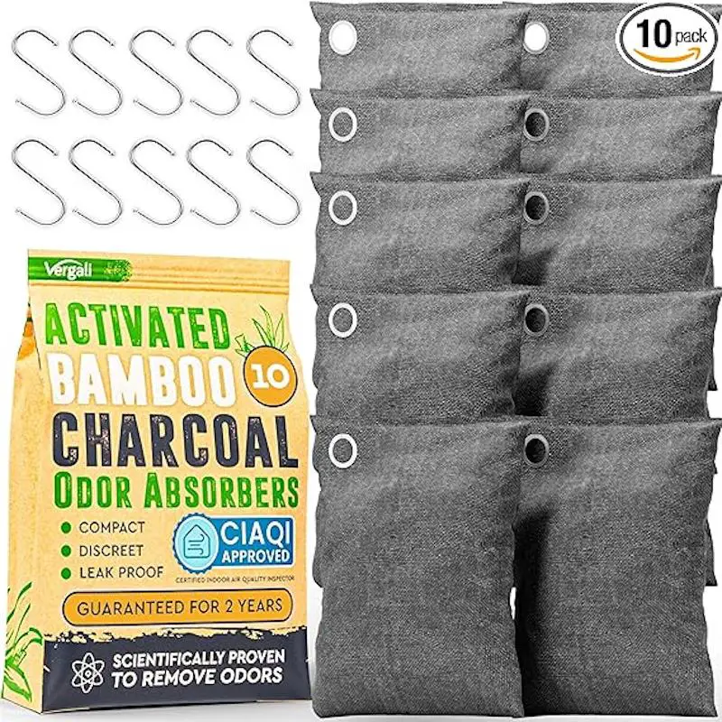 The Vergali 10-pack of activated bamboo charcoal odor and mold absorbers, with hooks for hanging.