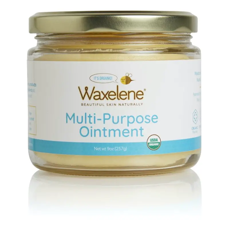 A jar of Waxelene® Organic Multi-Purpose Ointment. This ointment is used for skin conditions such as eczema and dermatitis.