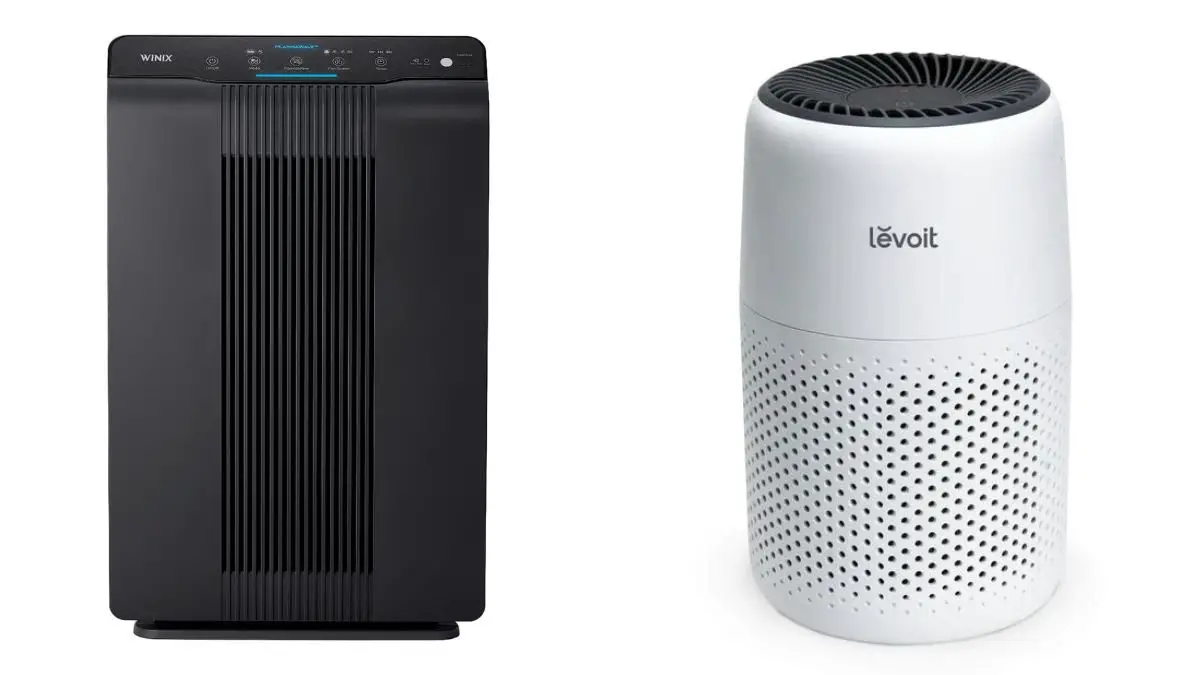 A side by side image of the Winix 5500-2 Plasmawave HEPA air purifier next to the Levoit Core Mini HEPA air purifier.