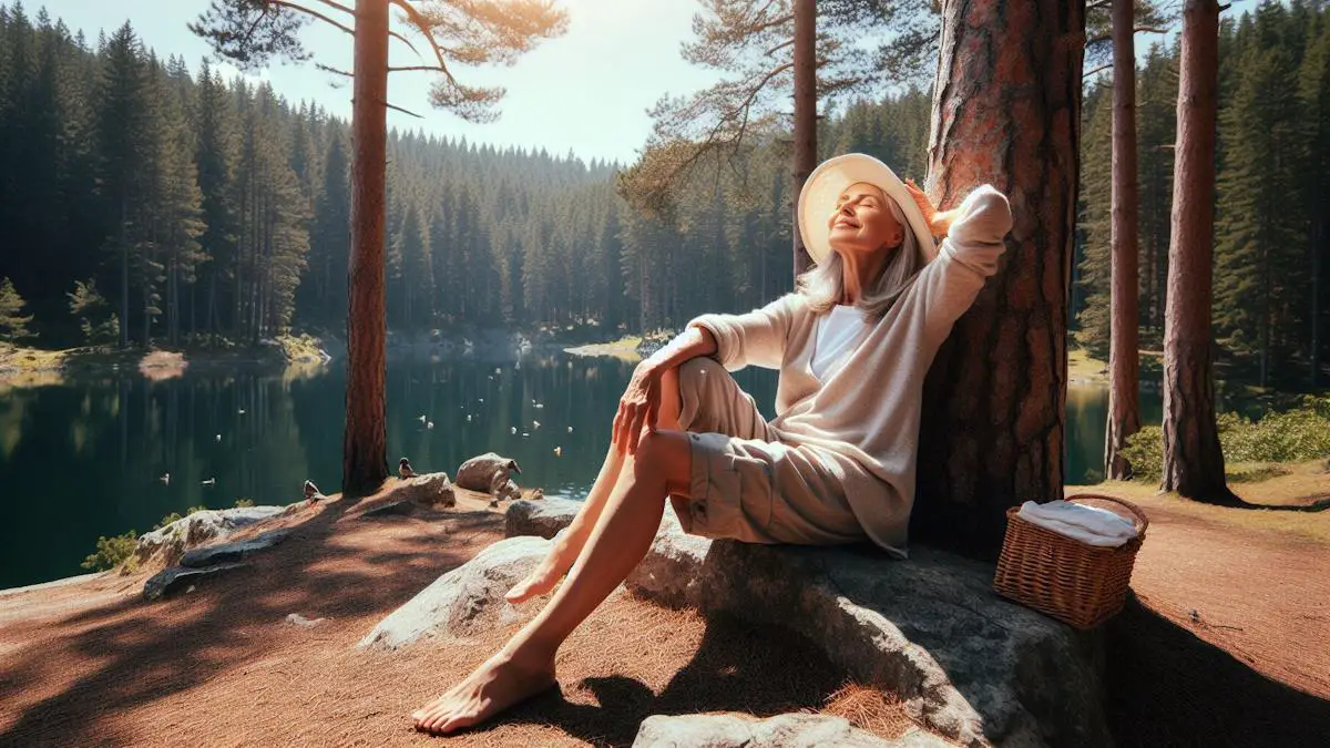 An older woman enjoying the sun, sitting against a tree, while out at a lake.