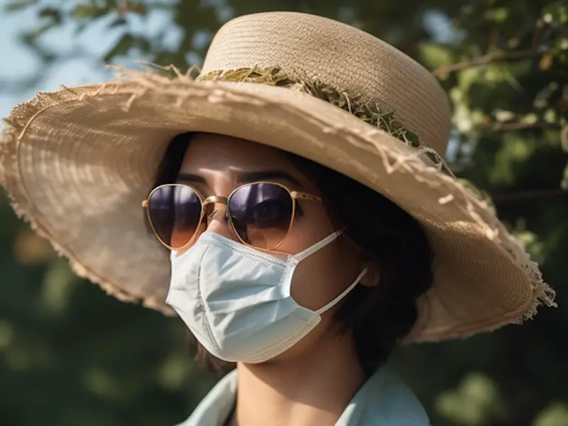 A woman outdoors wearing a hat, sunglasses and a mask on her face.