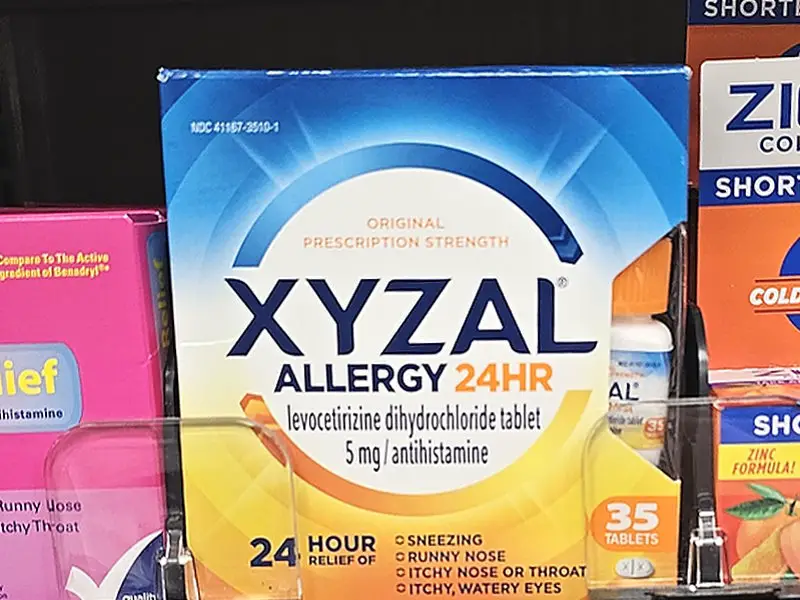 A box of XYZAL for allergies. The antihistamine is levocetirizine dihydrochloride.