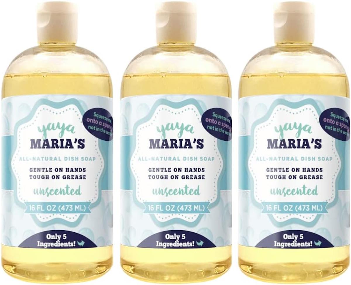 Three bottles of yaya MARIA's unscented dish soap with only 5 ingredients.