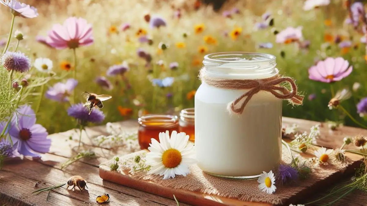A large jar of yogurt in a field of wild flowers.