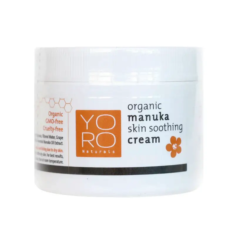 A jar of YORO Naturals Organic Manuka Skin Soothing Cream. This cream is good for skin conditions such as dry skin, itchy skin, spongiotic dermatitis, atopic dermatitis, and contact dermatitis.