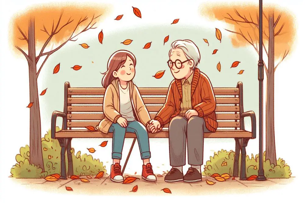 A younger lady and an older man sitting on the bench holding hands on a windy fall day.
