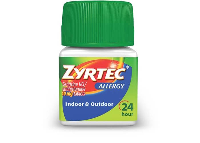 bottle of zyrtec antihistamine which can be used for food allergies