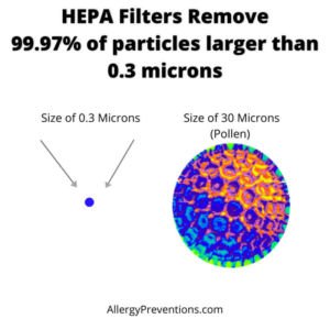 allergy preventions image. HEPA filters remove 99.97% of particles larger than 0.3 microns visual representation 