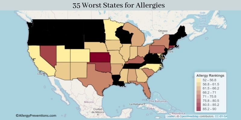 US map of worst allergy states infographic. Image provided by allergypreventions.com The grading scale is 1-100. The higher the number, the worst the state is for allergies based on the reporting criteria above. To compile the worst states for allergies, I only included states that had a grade of 50 or higher. 