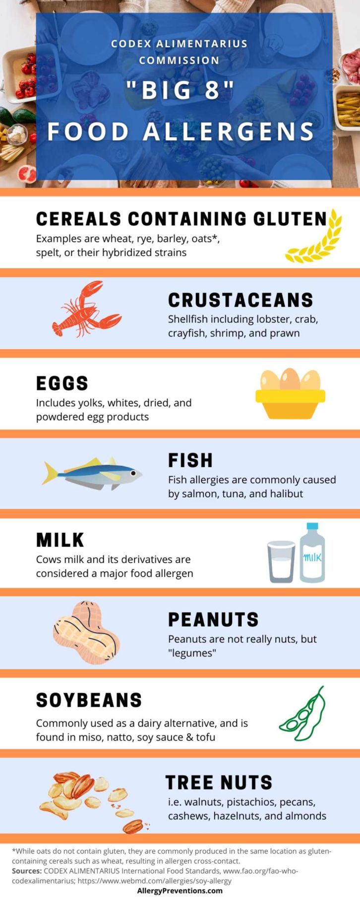 Codex Major Allergens Infographic from Codex Alimentarius Commission "Big 8" food allergens. Cereals containing gluten, crustaceans, eggs, fish, milk, peanuts, soybeans, tree nuts. visual provided by allergypreventions.com