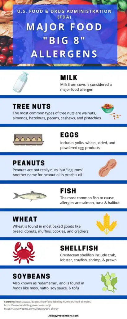 FDA Major Allergens Infographic listing the FDA major food "big 8" allergens. Milk, tree nuts, eggs, peanuts, fish, wheat, shellfish, soybeans from allergypreventions.com 