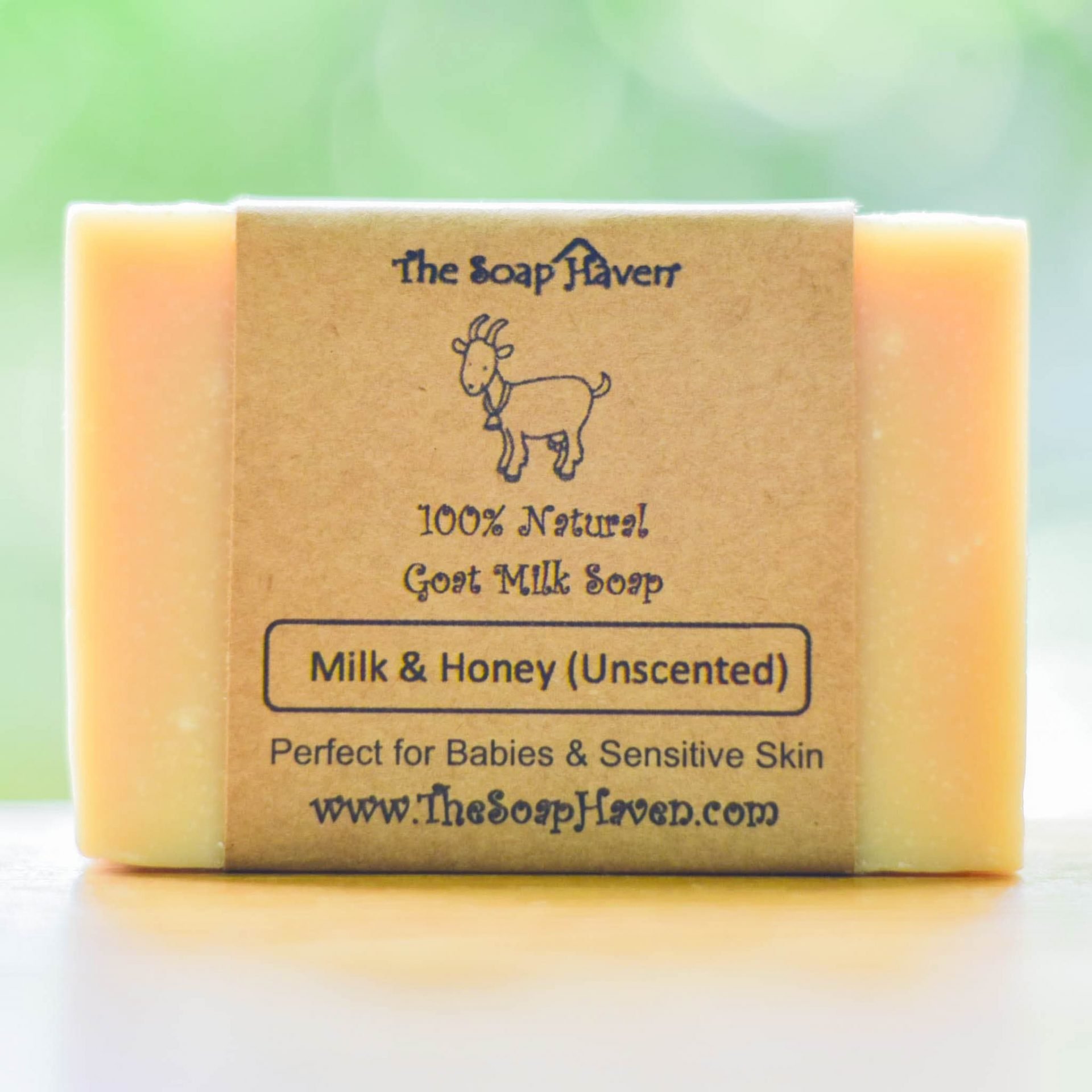 A bar of 100% natural got milk soap, made from milk and honey. This soap is made by The Soap Haven.