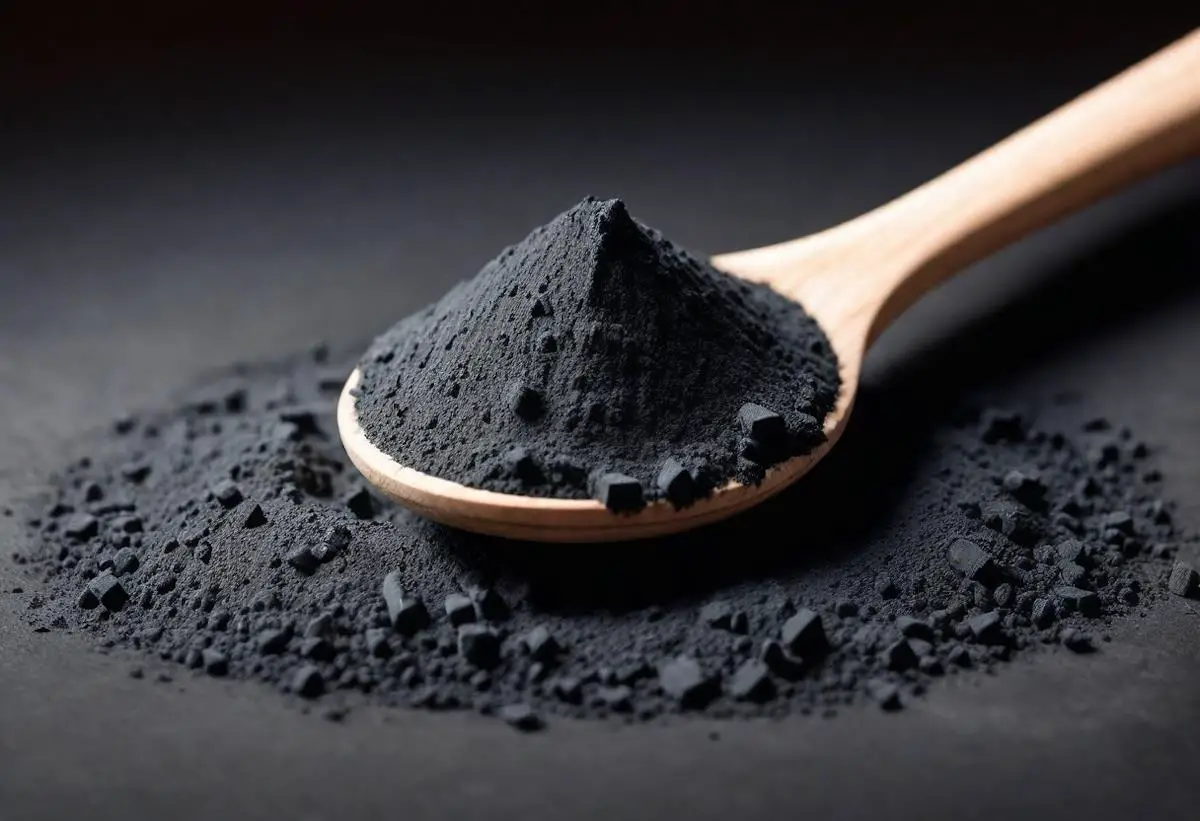 A spoon filled with powered activated charcoal.