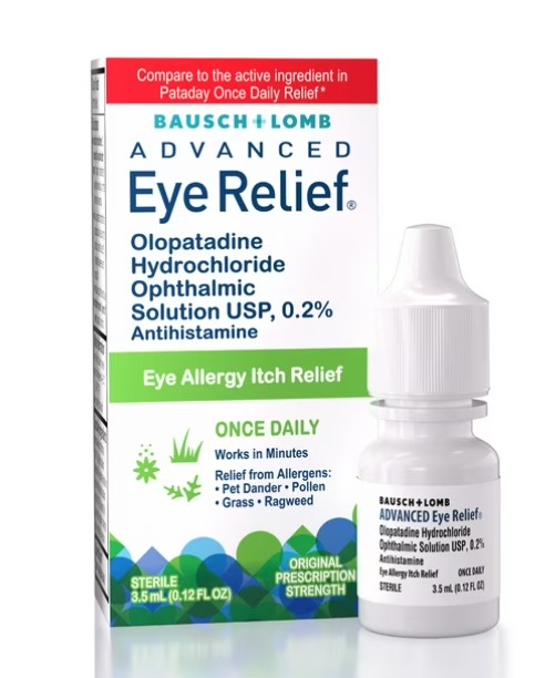 Bottle and box of Bausch + Lomb Advanced Eye Relief OTC allergy eye drops