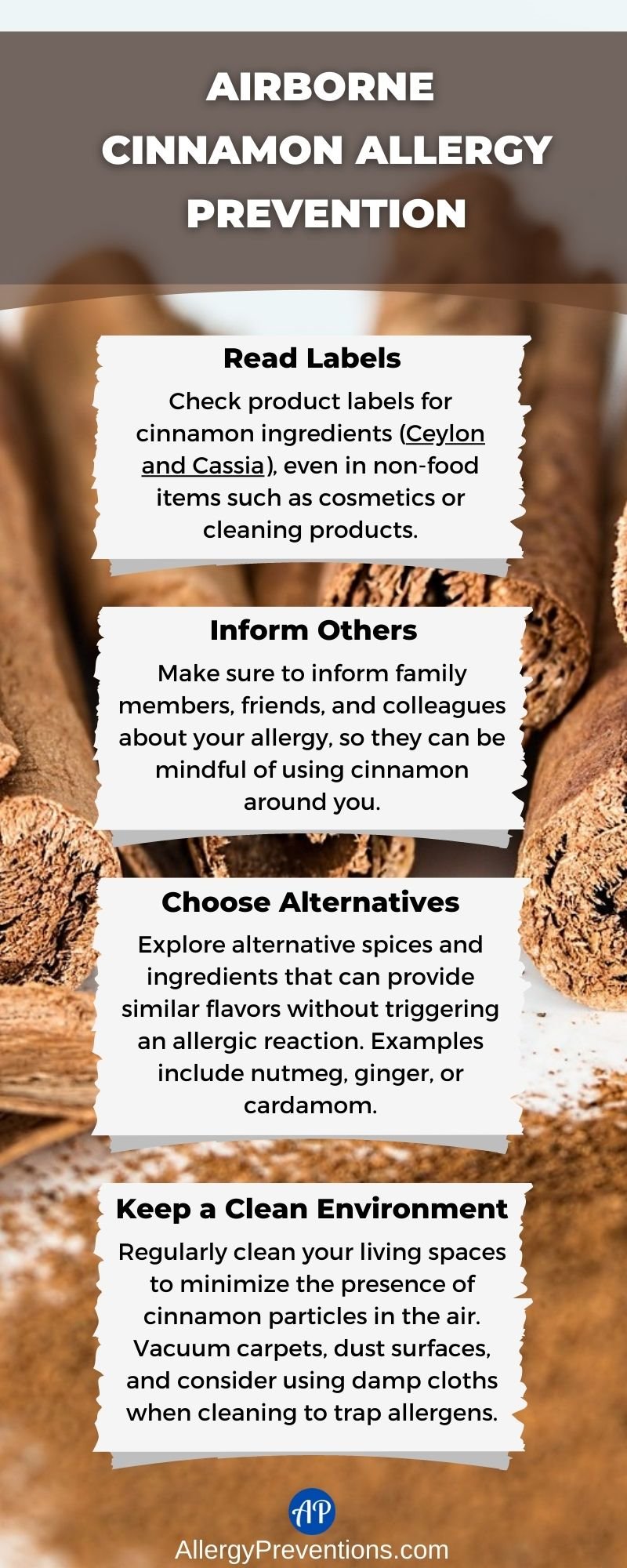 Airborne cinnamon allergy prevention infographic: Read labels, inform others, choose alternatives, keep a clean environment.