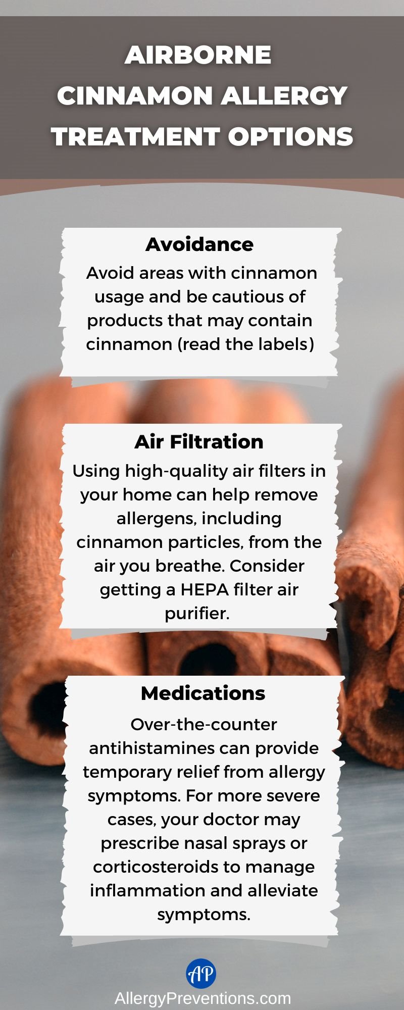Airborne cinnamon allergy treatment options infographic: Avoidance, air filtration, and medications.