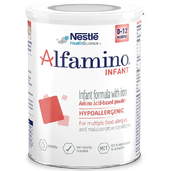 A can of Nestle HealthScience® Alfamino Infant formula with iron. This formula is an amino acid-based (AAF) formula. The label states this formula is hypoallergenic and used for multiple food allergies and malabsorptive conditions.