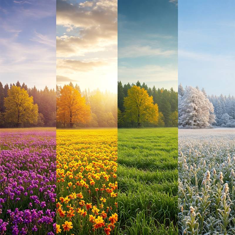 Four seasons captured in one photo. A field of flowers with a tree in the background, showing spring, summer, fall, and winter.