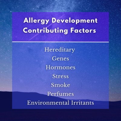 allergy-development-contributing-factors-infographic-Hereditary Genes Hormones Stress Smoke Perfumes Environmental Irritants