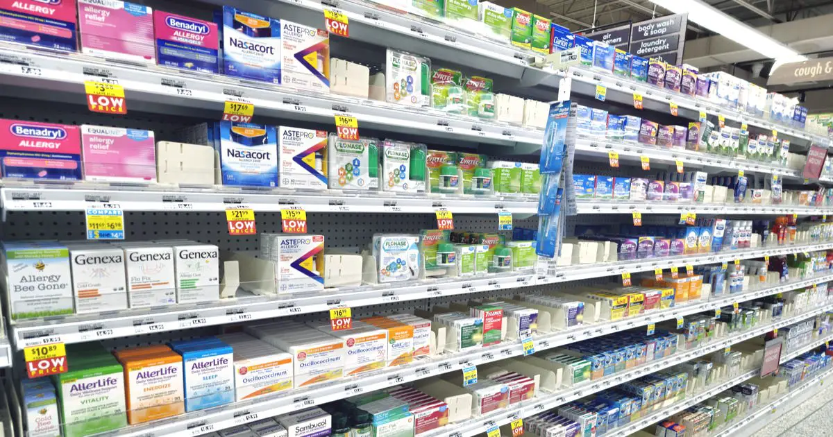 image of the many over-the-counter allergy medications available in a store.