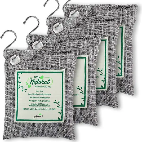 four asani air purifier bags with hooks. Bag reads: 100% natural air purifying bag. Non-toxic, eco-friendly, no chemcials or fragrance, 90 square feet coverage, contains 200 grams of bamboo activated charcoal.