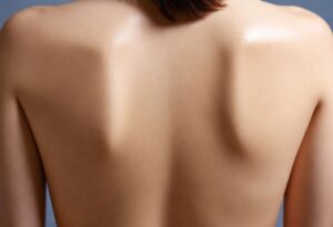 The skin of a woman's back with no blemishes or skin conditions like eczema or dermatitis.