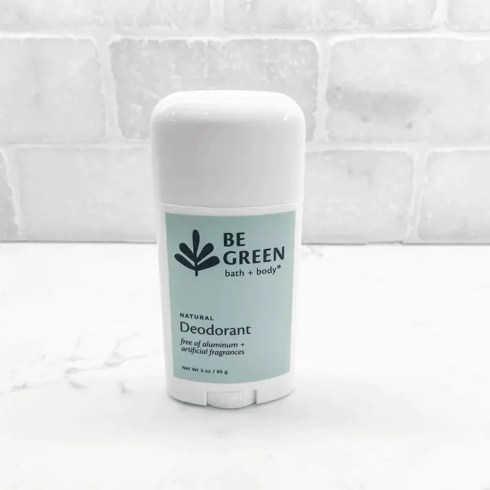 Be green bath and body brand stick of hypoallergenic deodorant on a counter