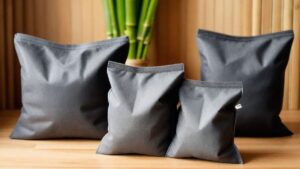 Four different sized, black, bags that contain activated bamboo charcoal with odor-absorbing, and mold eliminating properties.