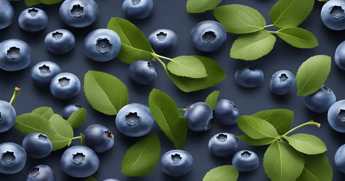 A spread of artistic blueberries with green leaves.