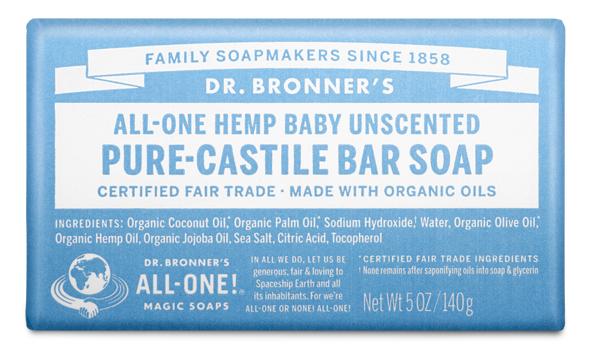 A bar of Dr. Bronner's All-One Hemp Baby Unscented soap. This soap is made from castile, and mainly comprised of coconut oil. 