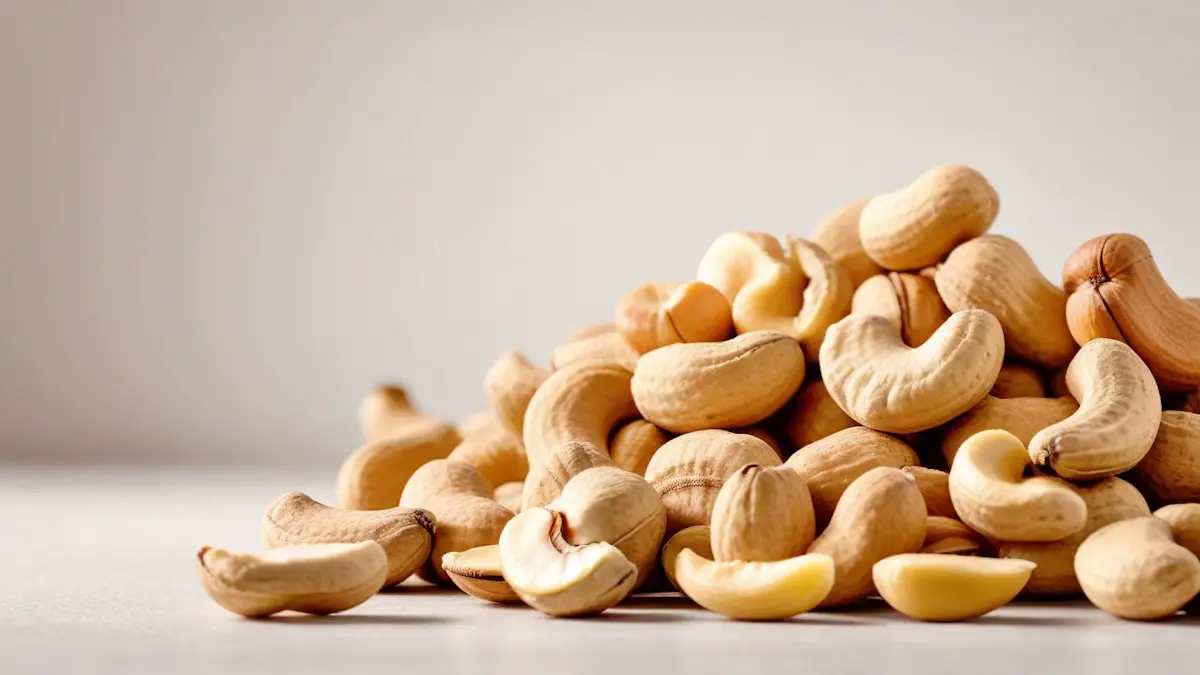 A large pile of cashew nuts on a solid white surface.