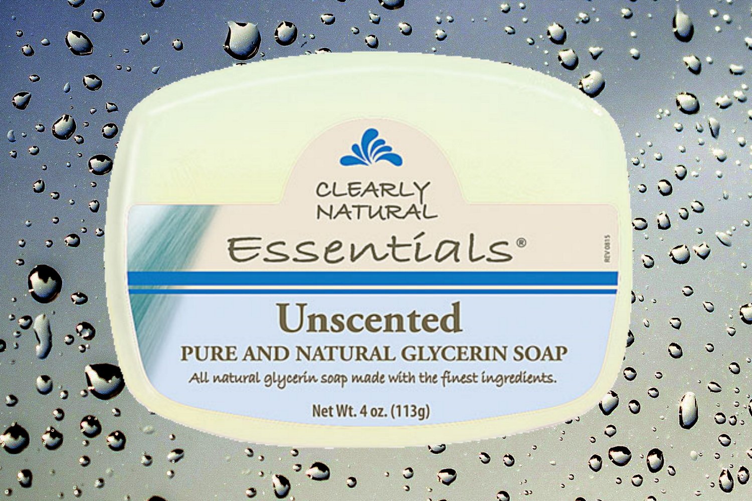 Clearly Natural Essentials unscented glycerin soap, with raindrops in the background.