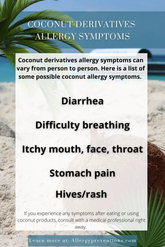 coconut derivatives allergy symptoms infographic. Coconut derivatives allergy symptoms can vary from person to person. Here is a list of some possible coconut allergy symptoms. Diarrhea Difficulty breathing Itchy mouth, face, throat Stomach pain Hives/rash. If you experience any symptoms after eating or using coconut products, consult with a medical professional right away.