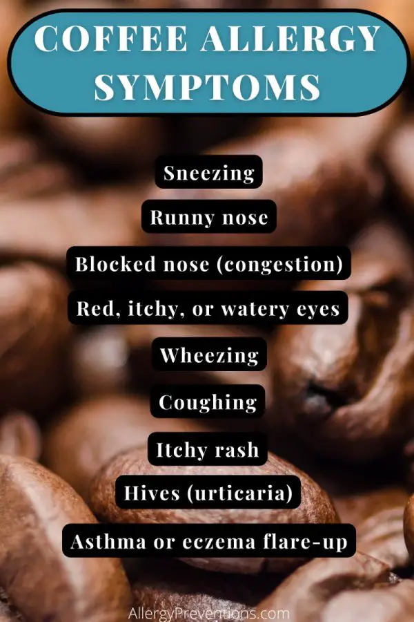 coffee-allergy-symptoms-infographic: Sneezing Runny nose Blocked nose (congestion)  Red, itchy, or watery eyes Wheezing Coughing Itchy rash Hives (urticaria) Asthma or eczema flare-ups 