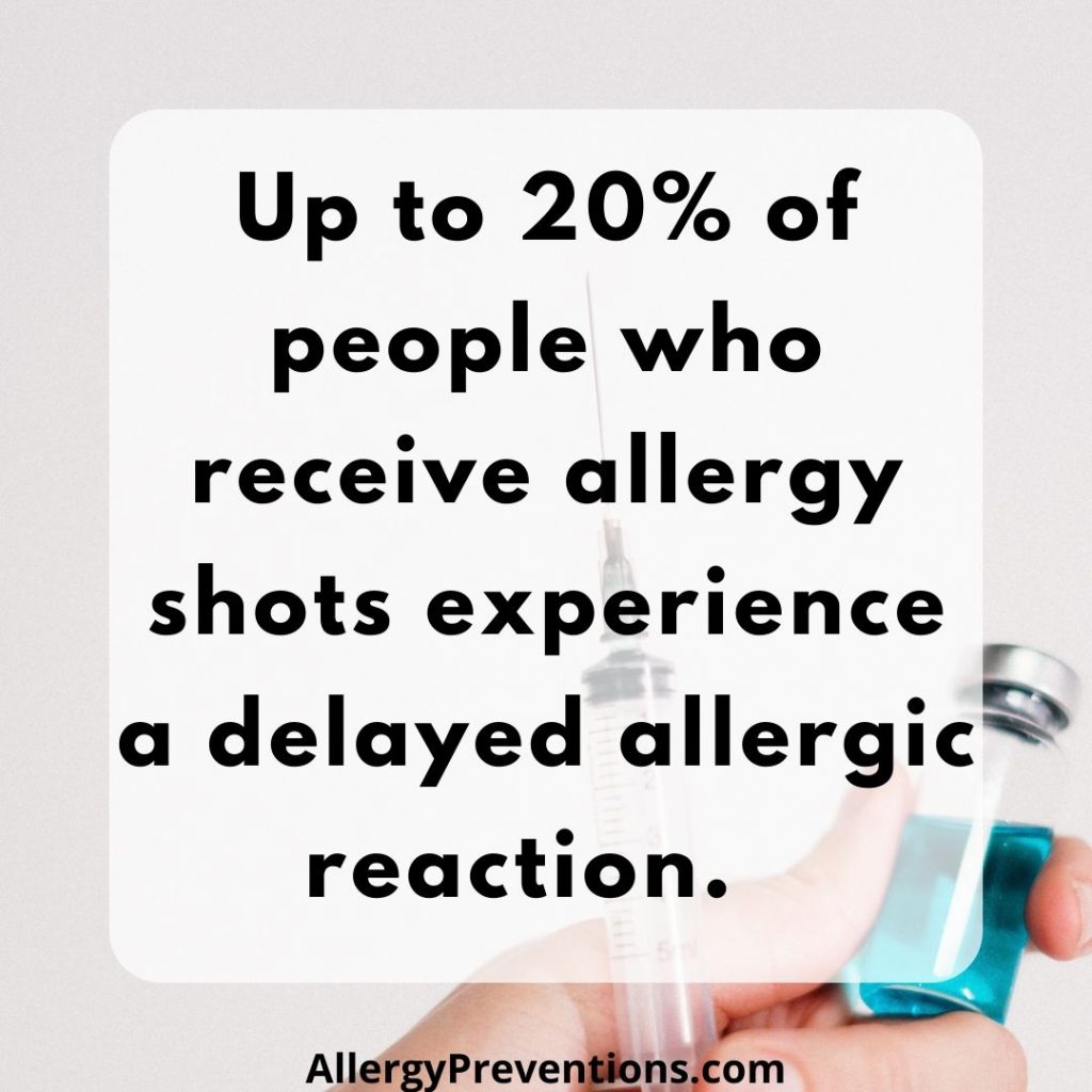 delayed reaction allergy shot fact: Up to 20% of people who receive allergy shots experience a delayed allergic reaction.
