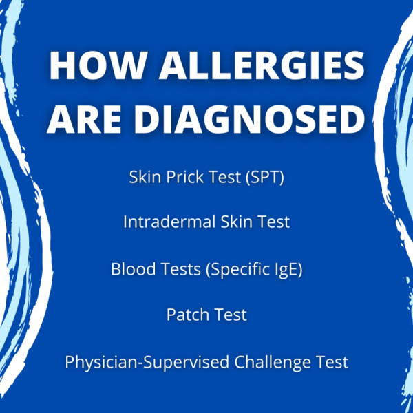 how allergies are diagnosed infographic - skin prick test (SPT) intradermal skin test, blood tests (Specific IgE), Patch test, physician-supervised challenge test. allergypreventions.com