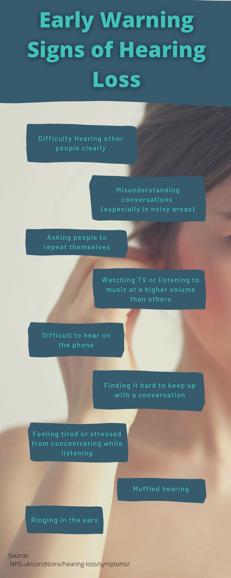 early warning signs of hearing loss infographic: Difficulty hearing other people clearly Misunderstanding conversations (especially in noisy areas) Asking people to repeat themselves Watching TV or listening to music at a higher volume than others Difficult to hear on the phone Finding it hard to keep up with a conversation Feeling tired or stressed from concentrating while listening Muffled hearing Ringing in the ears