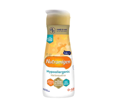 a bottle of premade Nutramigen® Hypoallergenic Liquid Infant Formula 32 fl oz bottle. The bottle states that this formula is hypoallergenic (eHF) and for food allergies