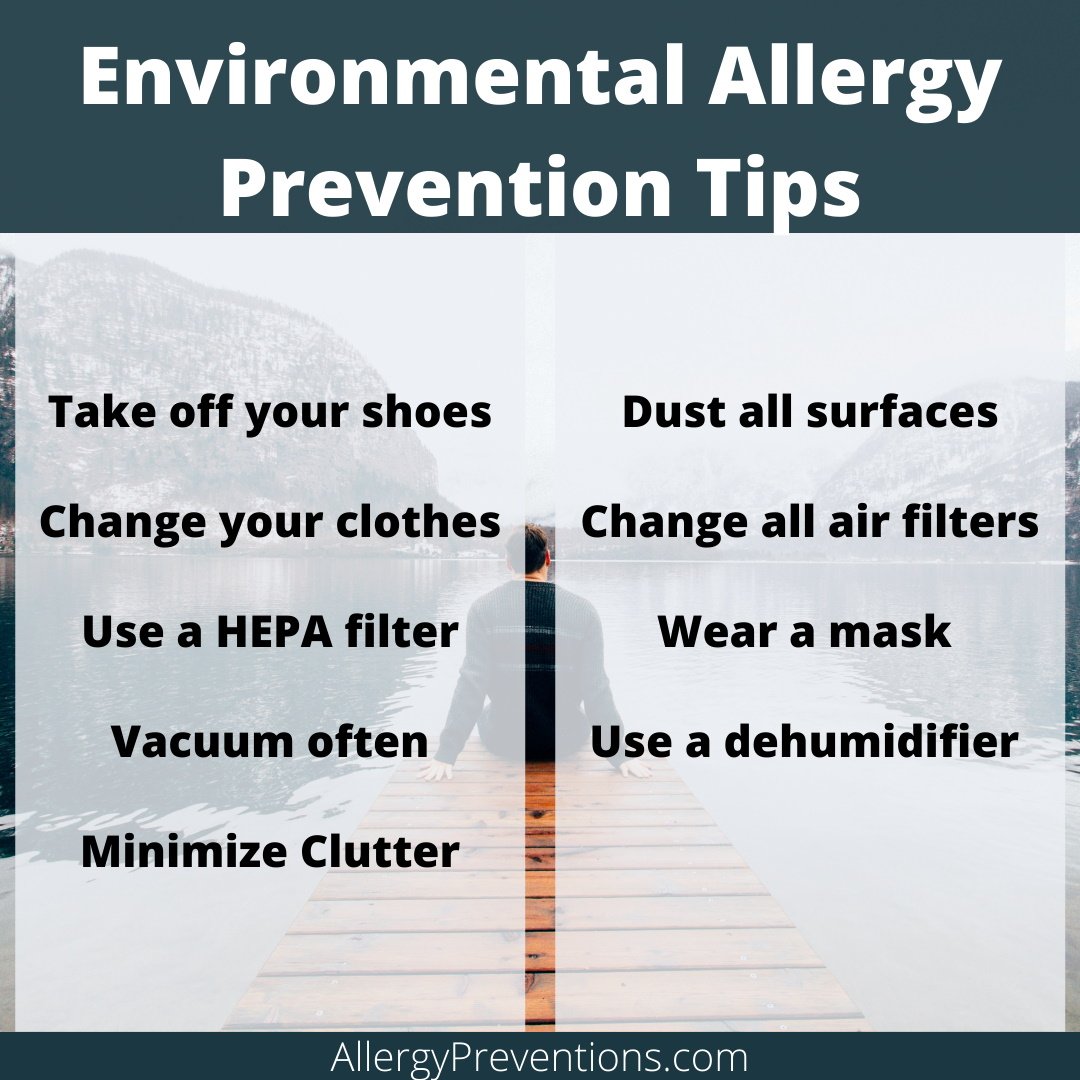 environmental-allergy-prevention-tips-infographic-take off your shoes, change your clothes, use a HEPA filter, vacuum often, minimize clutter, dust all surfaces, change all air filters, wear a mask, use a dehumidifier