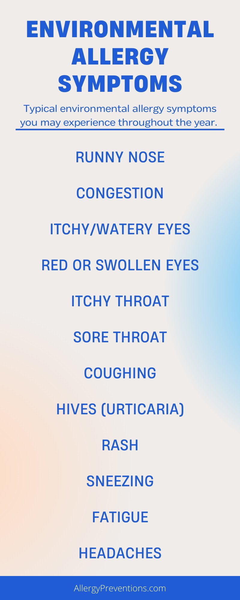 environmental-allergy-symptoms-infographic-runny nose, congestion, itchy/watery eyes, red or swollen eyes, itchy throat, sore throat, coughing, hives (urticaria), rash, sneezing, fatigue, headaches