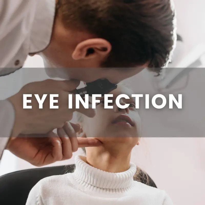 Male doctor looking into the eyes of a young female patient. Text across the image states " eye infection"