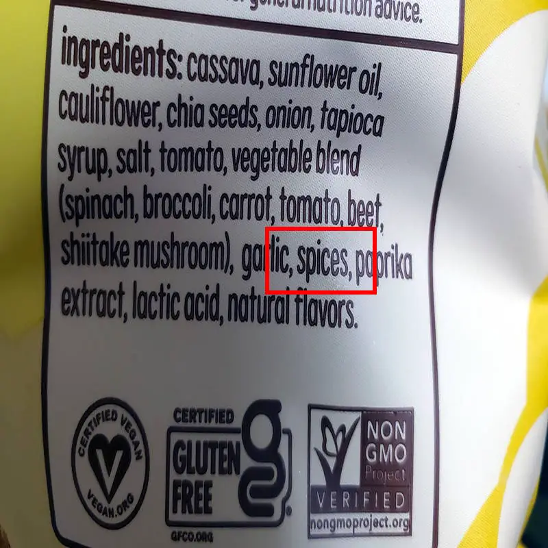 food label ingredients list with the term "spices" highlighted in red.